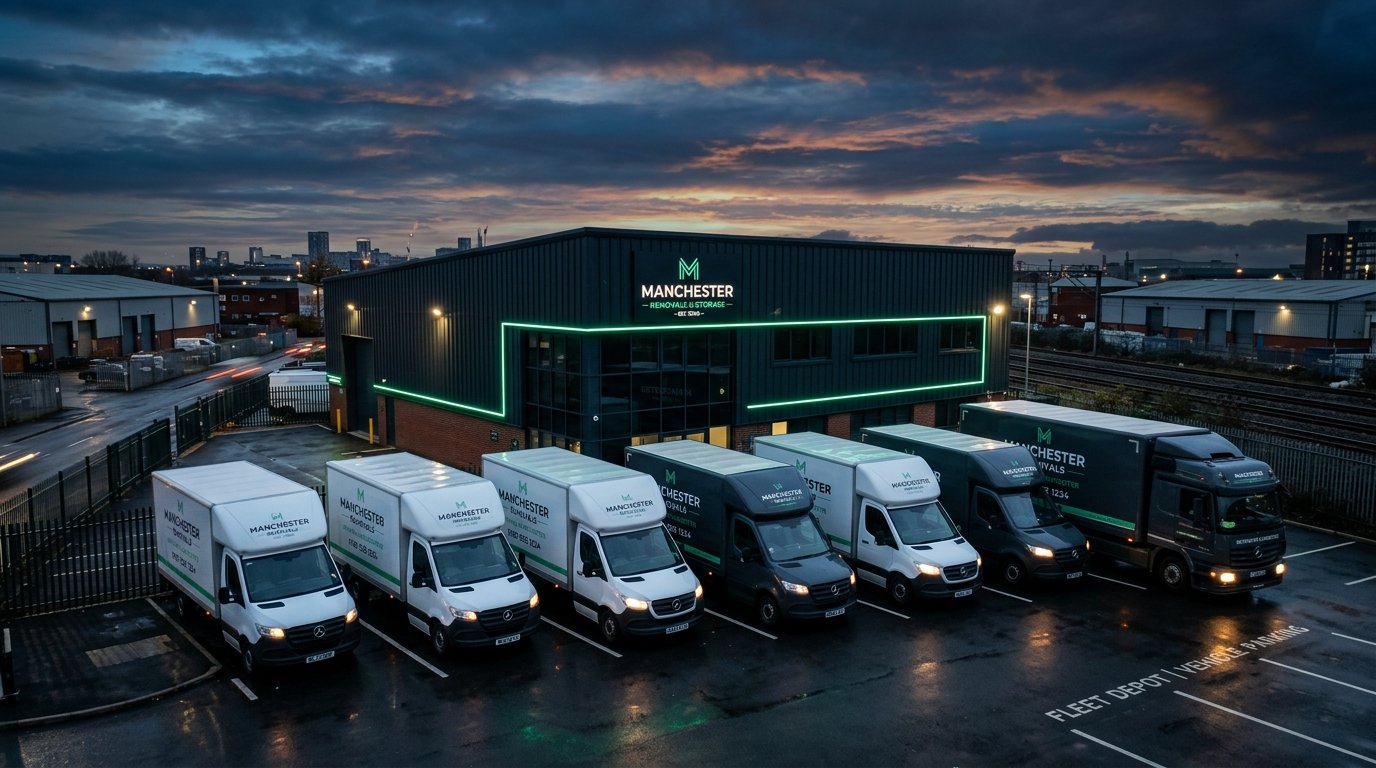 Men With Van Manchester operations headquarters and removals fleet depot at twilight