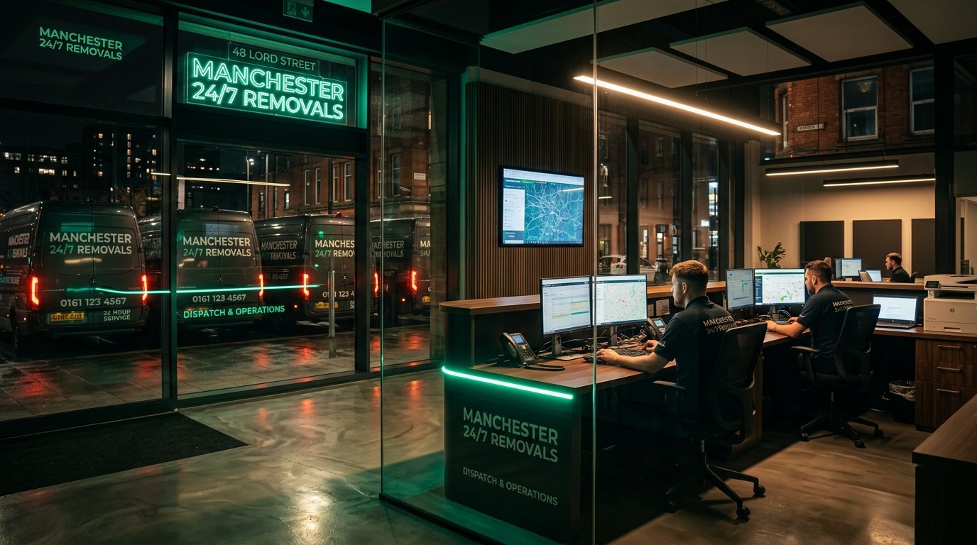 Manchester 24/7 removals command center and dispatch desk at 48 Lord Street with illuminated vans outside