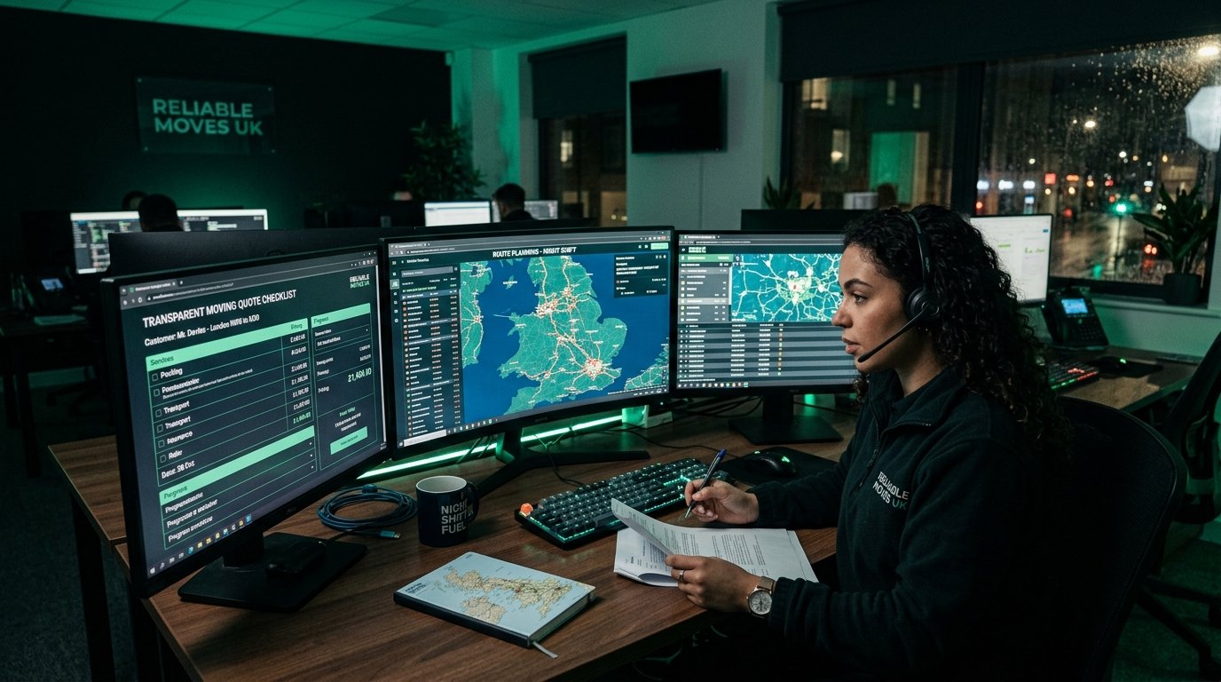 Customer service logistics coordinator at dispatch desk with live route tracking monitors