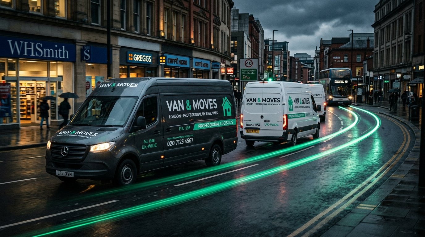 Men With Van removals vehicles in transit with emerald trails